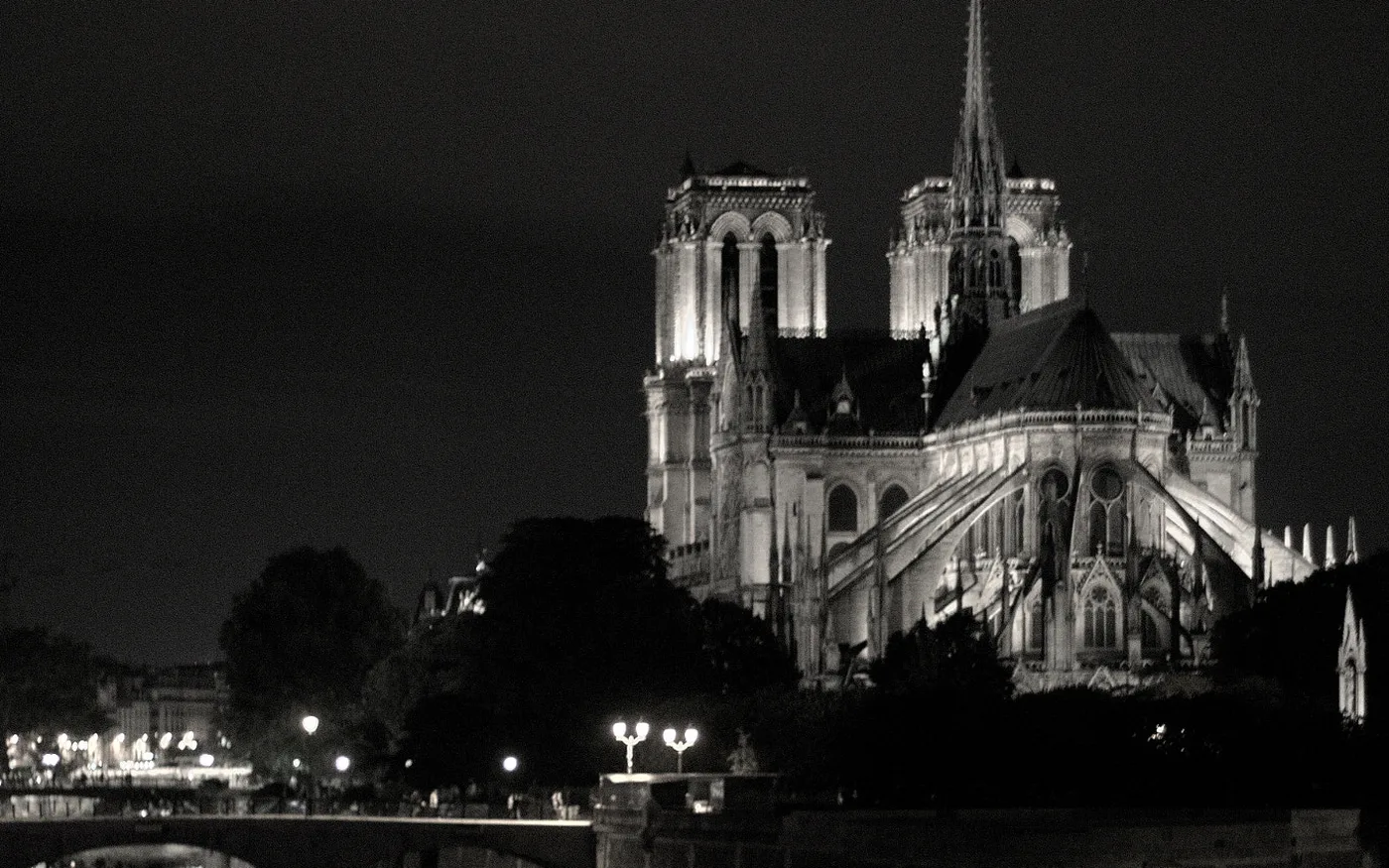 Notre-Dame Cathedral seen across the Seine at night, on the stretch of river the dinner cruise passes